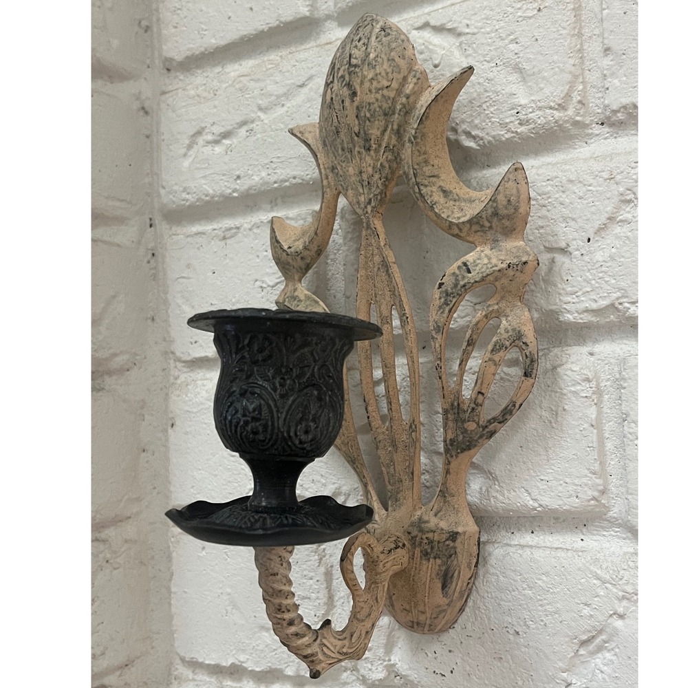 Vintage Shabby Chic Cast Iron Sconces Pair French Country Wall‎ Candle Holders